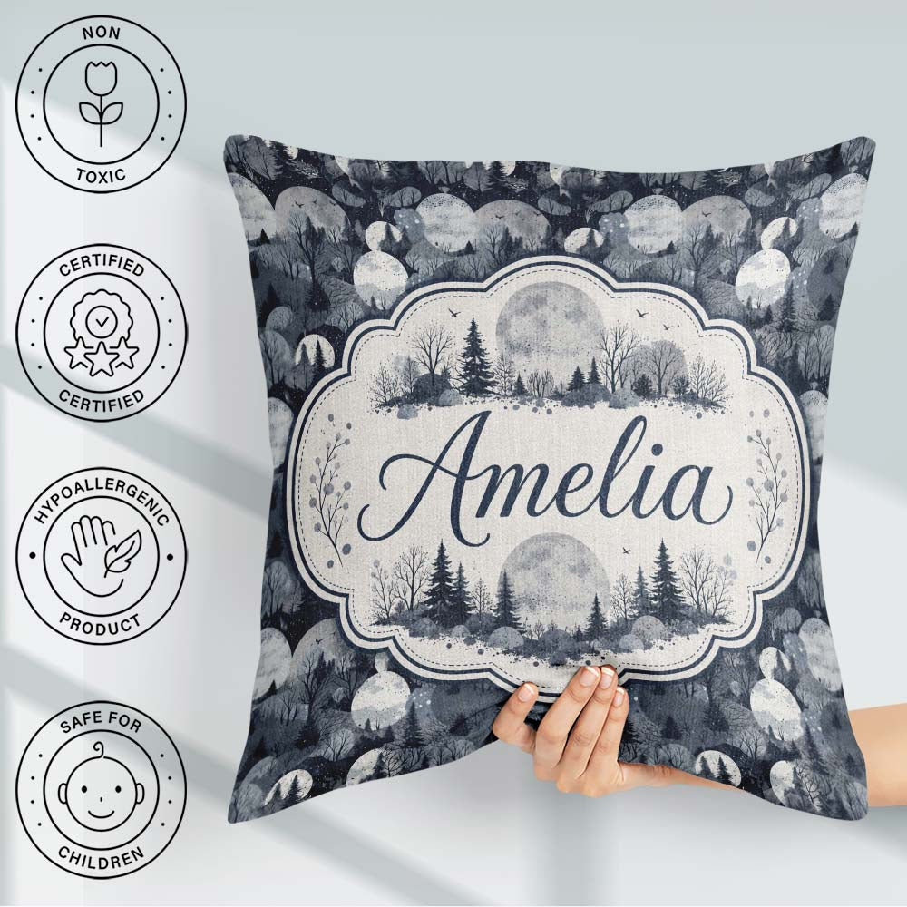 Custom Name Night Woodland Moon Landscape Seamless Pattern Name Square Filled Cushion Throw Pillow Sofa Bed Home Decor Zip Washable UK Made