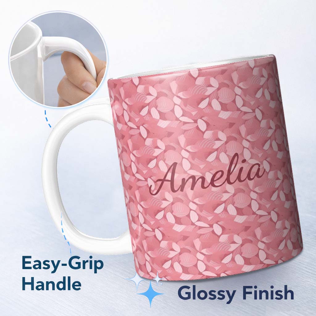 Personalized Custom Name Soft Pink Abstract Leaf Petal Floral Seamless Pattern Name Cute 11oz Ceramic Coffee Tea Mug White Large Handle