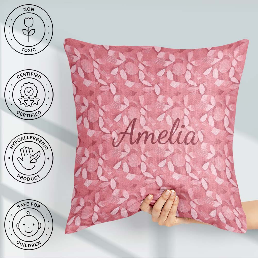 Custom Name Soft Pink Abstract Leaf Floral Seamless Pattern Name Square Filled Cushion Throw Pillow Sofa Bed Home Decor Zip Washable UK Made