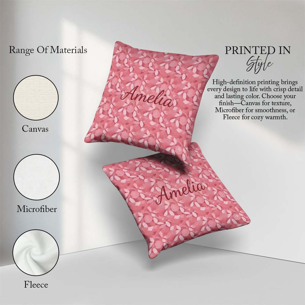 Custom Name Soft Pink Abstract Leaf Floral Seamless Pattern Name Square Filled Cushion Throw Pillow Sofa Bed Home Decor Zip Washable UK Made