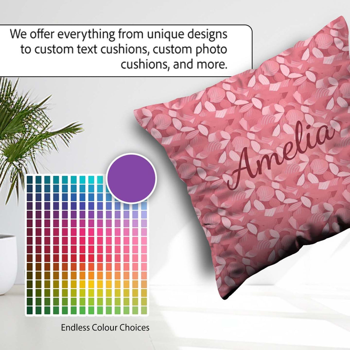 Custom Name Soft Pink Abstract Leaf Floral Seamless Pattern Name Square Filled Cushion Throw Pillow Sofa Bed Home Decor Zip Washable UK Made