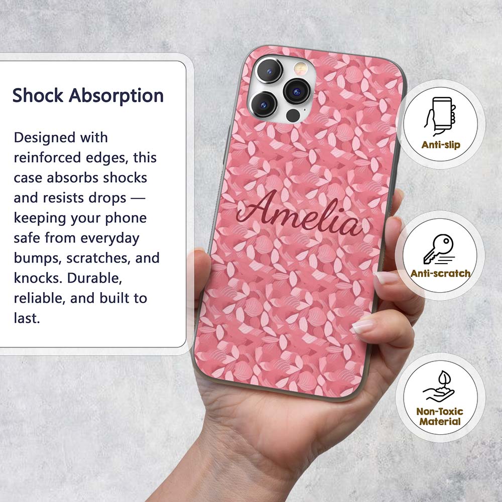 Soft Pink Abstract Leaf Petal Floral Seamless Custom Name Protective Phone Case Mobile Cover Durable Everyday Smartphone Shock Resistant