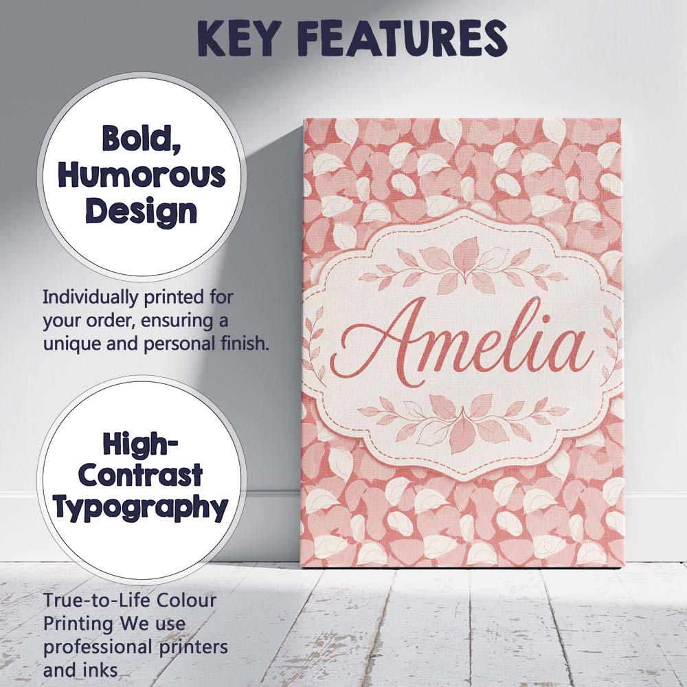 Personalised Name Muted Coral Blush Leaf Custom Unique Gift Idea Elegant Feature Canvas Wall Art Print Decor Picture Ready to Hang