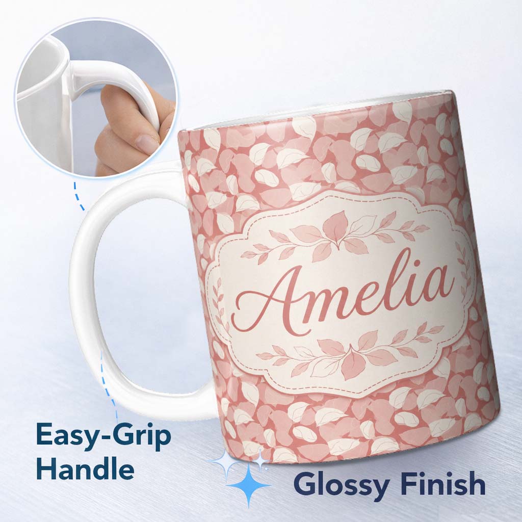 Personalized Custom Name Muted Coral Blush Leaf Botanical Seamless Pattern Name Cute Unique 11oz Ceramic Coffee Tea Mug White Large Handle