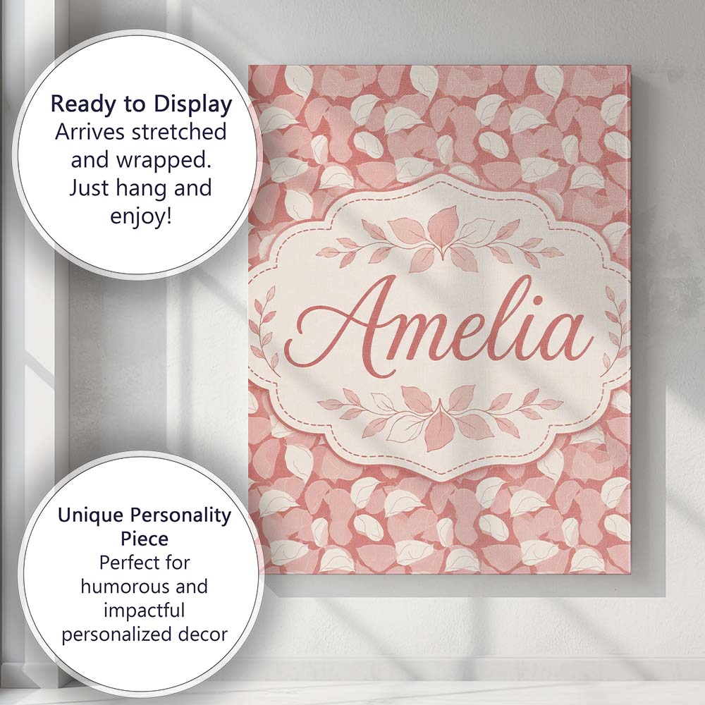 Personalised Name Muted Coral Blush Leaf Custom Unique Gift Idea Elegant Feature Canvas Wall Art Print Decor Picture Ready to Hang