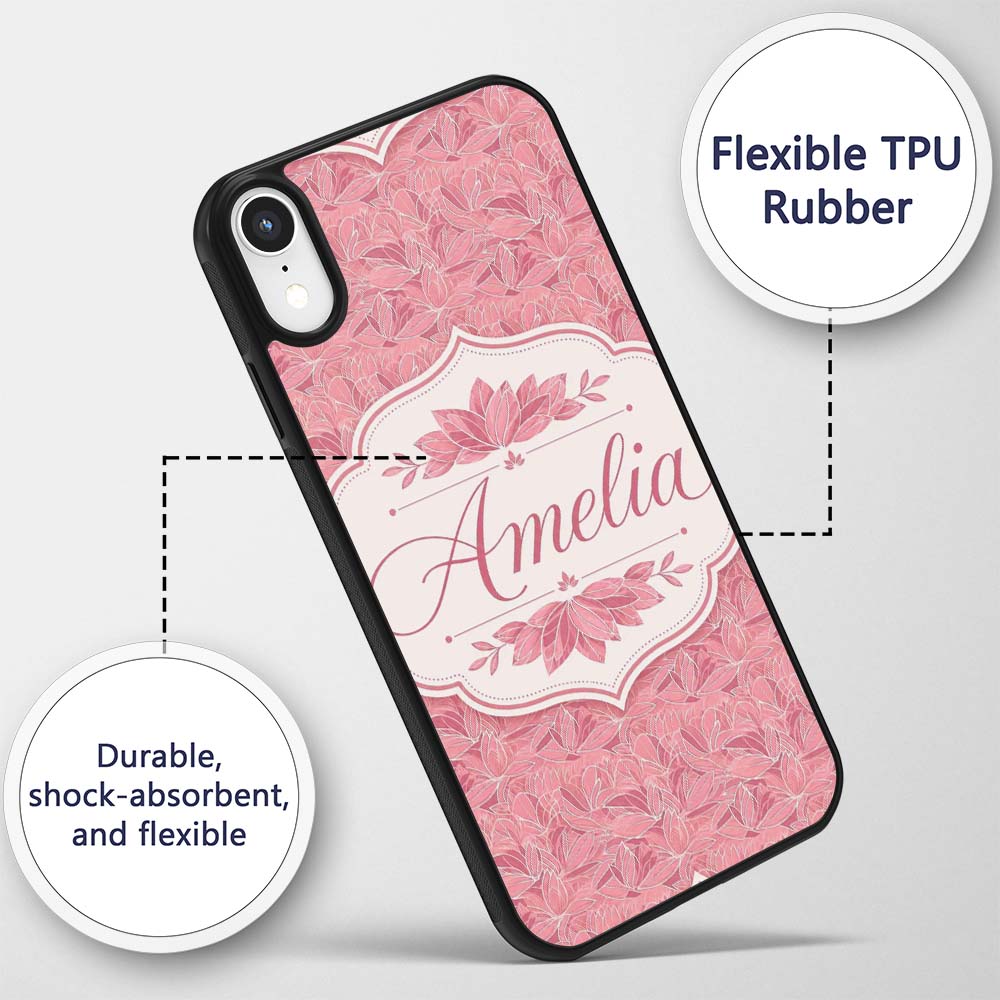 Elegant Pink Lotus Floral Line Art Printed Design Custom Name Protective Phone Case Mobile Cover Durable Everyday Smartphone Shock Resistant