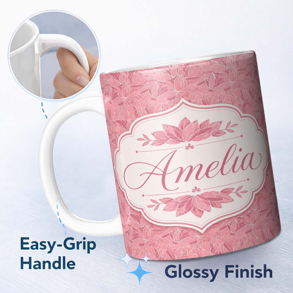 Personalized Custom Name Elegant Pink Lotus Floral Line Art Seamless Pattern Name Cute 11oz Ceramic Coffee Tea Mug White Large Handle