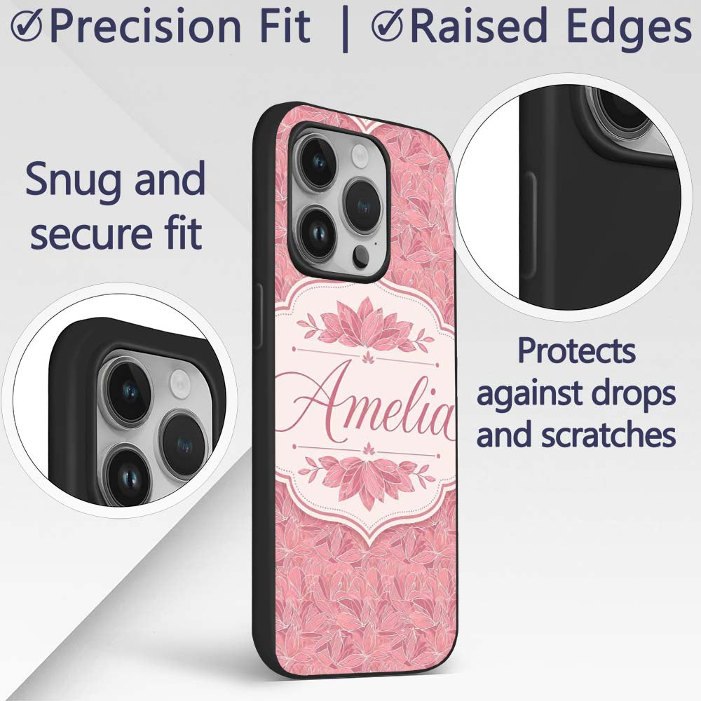 Elegant Pink Lotus Floral Line Art Printed Design Custom Name Protective Phone Case Mobile Cover Durable Everyday Smartphone Shock Resistant