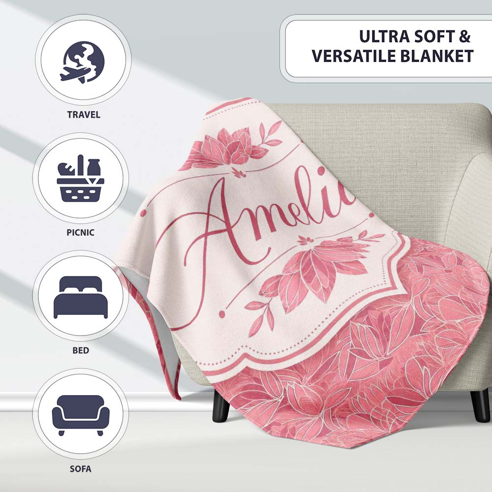 Elegant Pink Lotus Floral Line Art Seamless Pattern Name Cute Personalised Custom Name Super Soft Fleece Blanket Bed Sofa Throw
