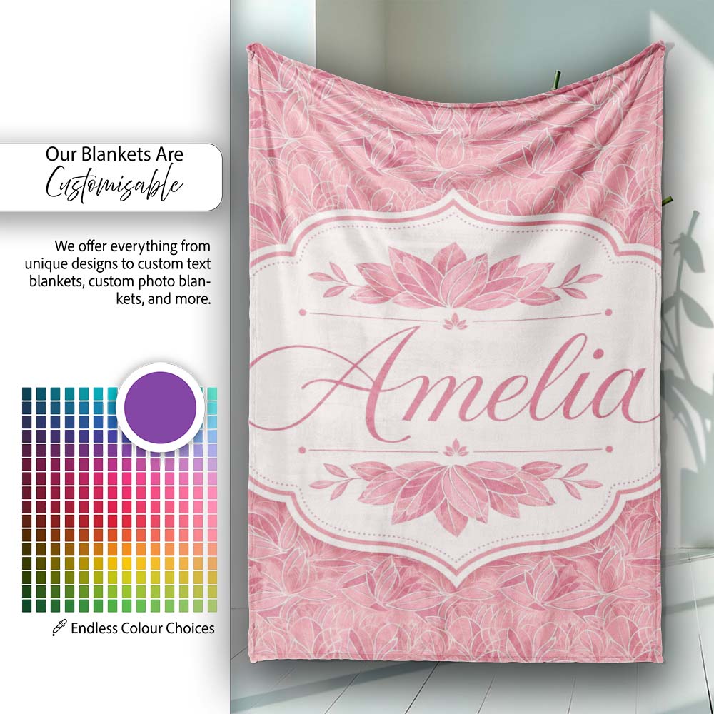 Elegant Pink Lotus Floral Line Art Seamless Pattern Name Cute Personalised Custom Name Super Soft Fleece Blanket Bed Sofa Throw