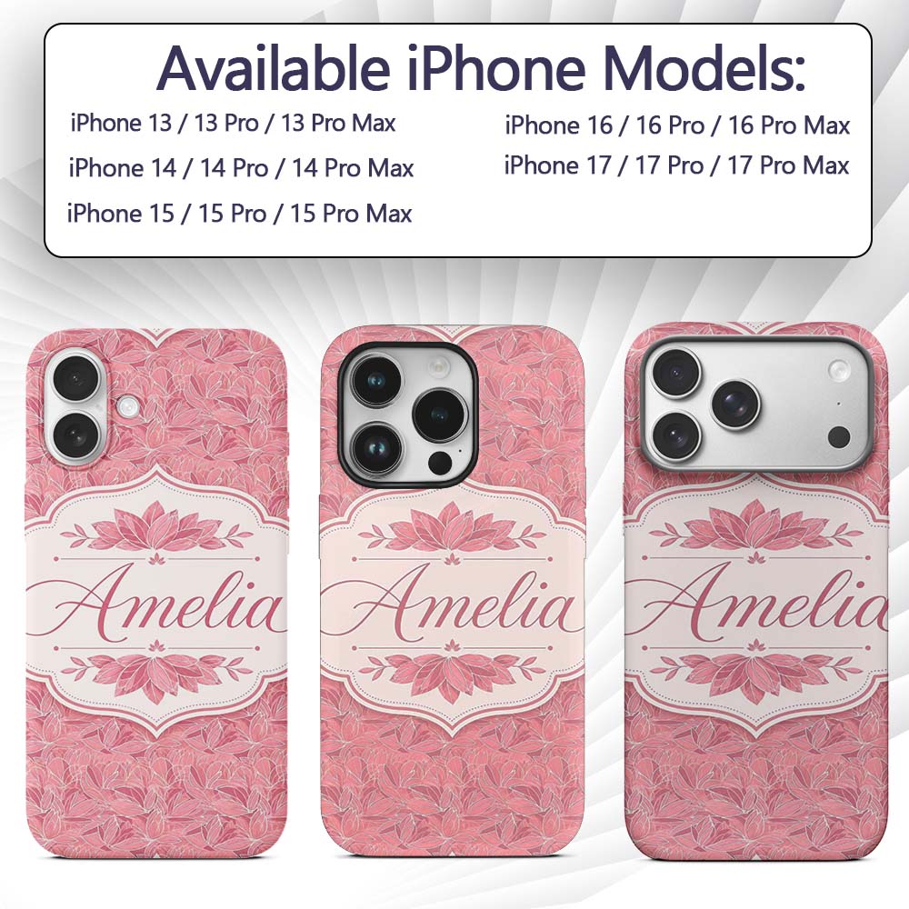 Elegant Pink Lotus Floral Line Art Printed Design Custom Name Protective Phone Case Mobile Cover Durable Everyday Smartphone Shock Resistant