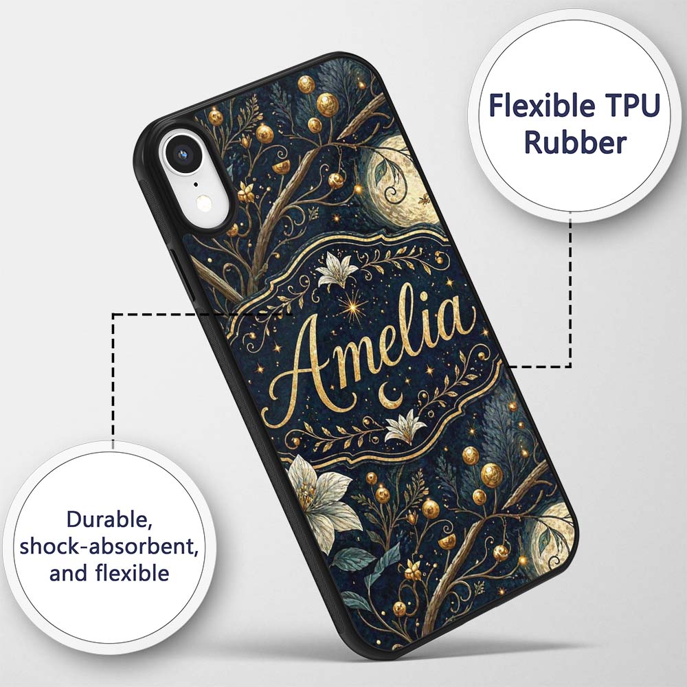 Magical Floral Moon Golden Berries Night Seamless Custom Name Protective Phone Case Mobile Cover Durable Everyday Smartphone Shock Resistant