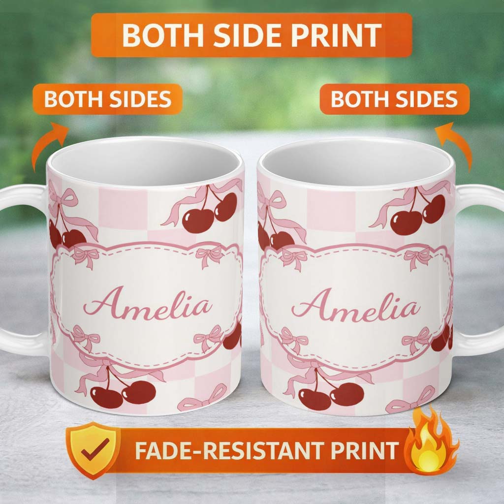 Personalized Custom Name Cherry Bow Ribbon Cute Pink Gingham Picnic Check Seamless Pattern 11oz Ceramic Coffee Tea Mug White Large Handle