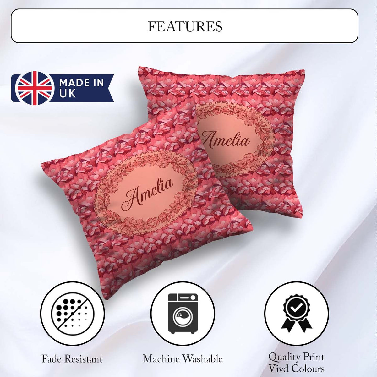 Custom Name Layered Pink Rose Blossom Seamless Pattern Name Cute Square Filled Cushion Throw Pillow Sofa Bed Home Decor Zip Washable UK Made