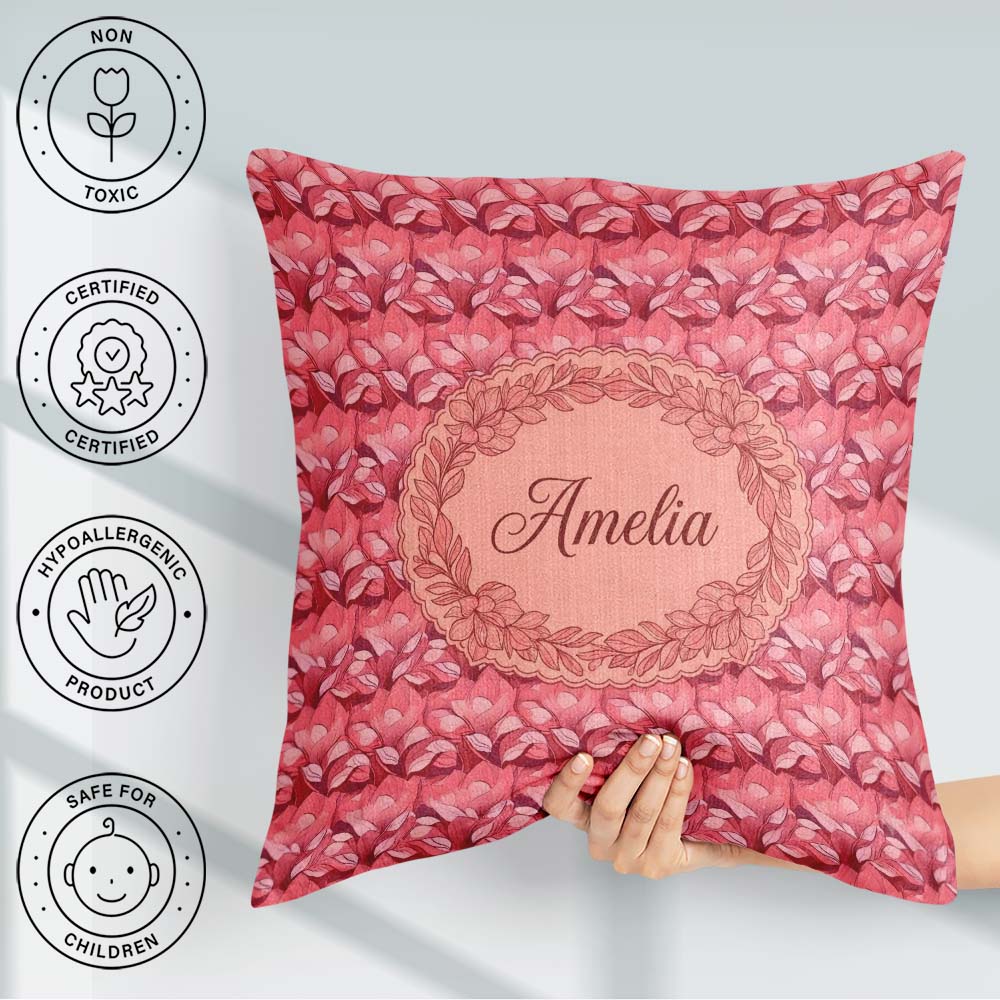 Custom Name Layered Pink Rose Blossom Seamless Pattern Name Cute Square Filled Cushion Throw Pillow Sofa Bed Home Decor Zip Washable UK Made