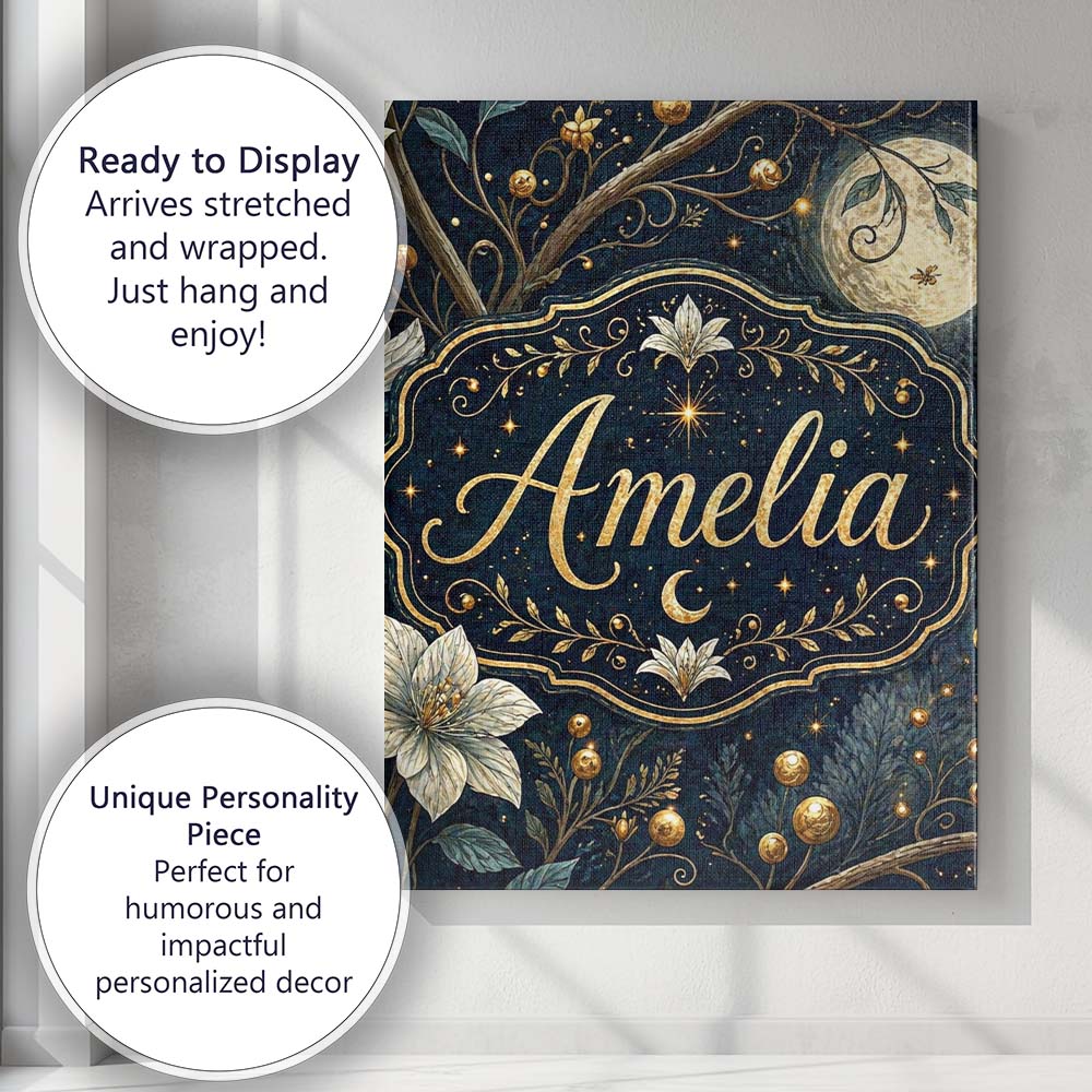 Personalised Name Magical Floral Moon Golden Berries Night Seamless Custom Canvas Wall Art Print Decor Picture Ready to Hang