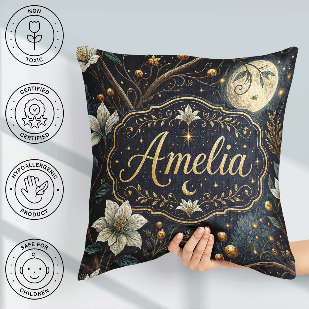 Custom Name Magical Floral Golden Berries Night Seamless Pattern Square Filled Cushion Throw Pillow Sofa Bed Home Decor Zip Washable UK Made