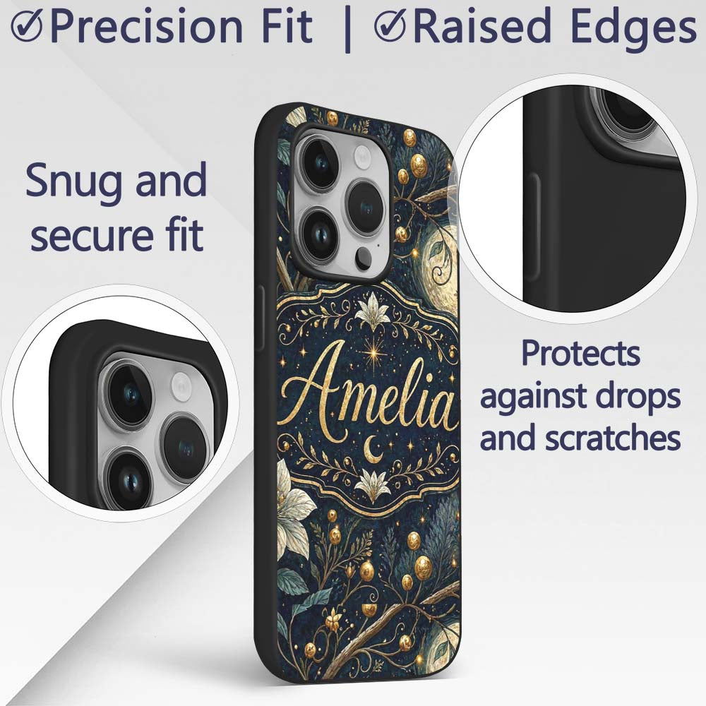 Magical Floral Moon Golden Berries Night Seamless Custom Name Protective Phone Case Mobile Cover Durable Everyday Smartphone Shock Resistant