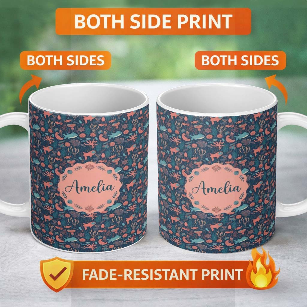 Personalized Custom Name Whimsical Ocean Fish Coral Reef Seamless Pattern Name Cute Unique 11oz Ceramic Coffee Tea Mug White Large Handle