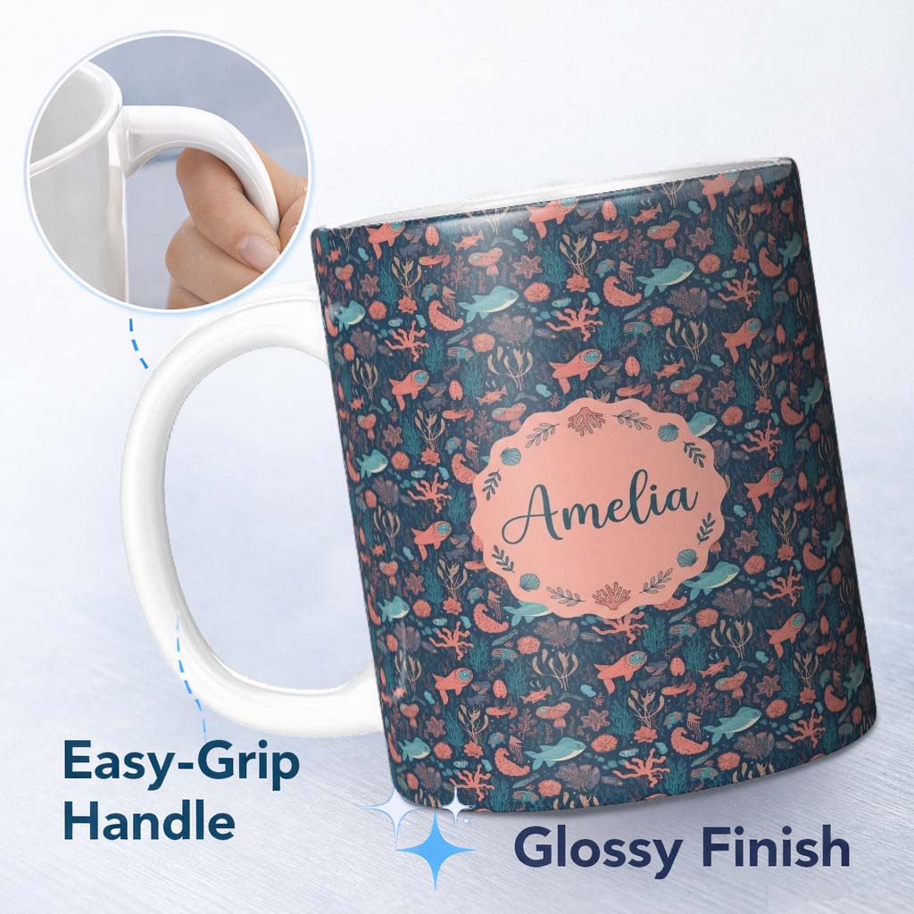 Personalized Custom Name Whimsical Ocean Fish Coral Reef Seamless Pattern Name Cute Unique 11oz Ceramic Coffee Tea Mug White Large Handle