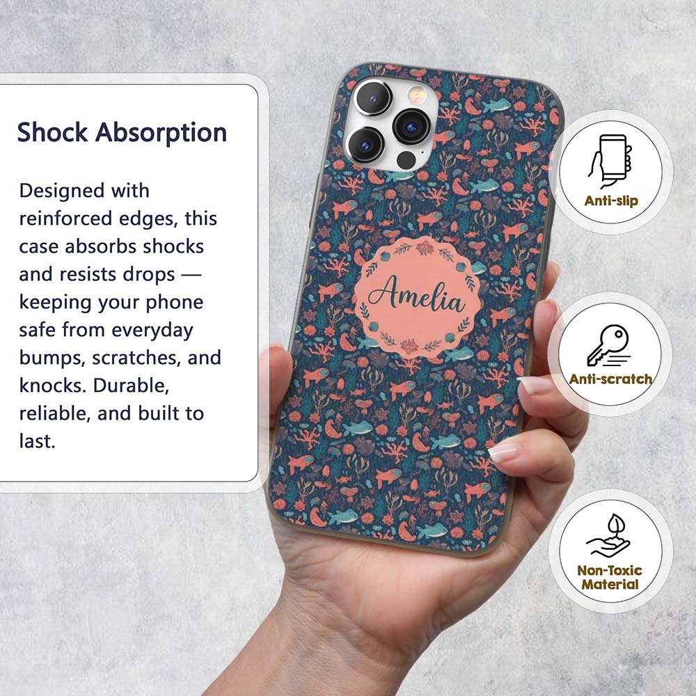 Whimsical Ocean Fish Coral Reef Seamless Pattern Custom Name Protective Phone Case Mobile Cover Durable Everyday Smartphone Shock Resistant