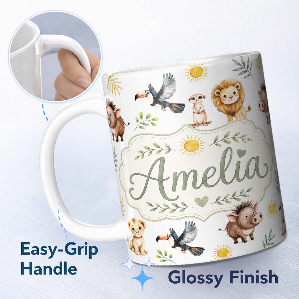 Personalized Custom Name Jungle Animals Lion Meerkat Toucan Boar on Light Grey Seamless 11oz Ceramic Coffee Tea Mug White Large Handle