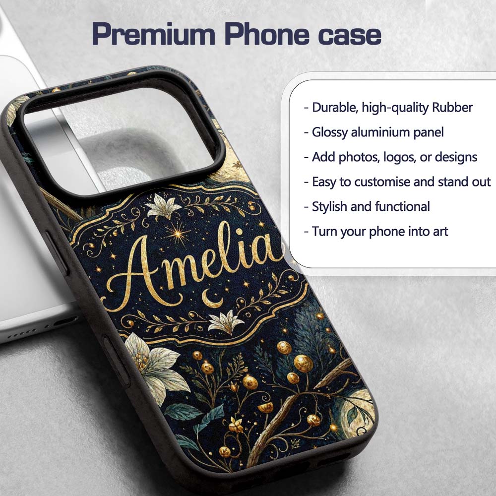 Magical Floral Moon Golden Berries Night Seamless Custom Name Protective Phone Case Mobile Cover Durable Everyday Smartphone Shock Resistant