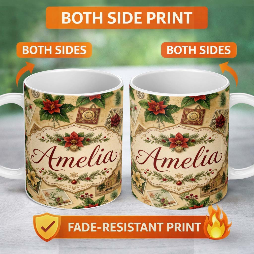 Personalized Custom Name Classic Christmas Botanical Elements with Holly Berries and Flowers 11oz Ceramic Coffee Tea Mug White Large Handle