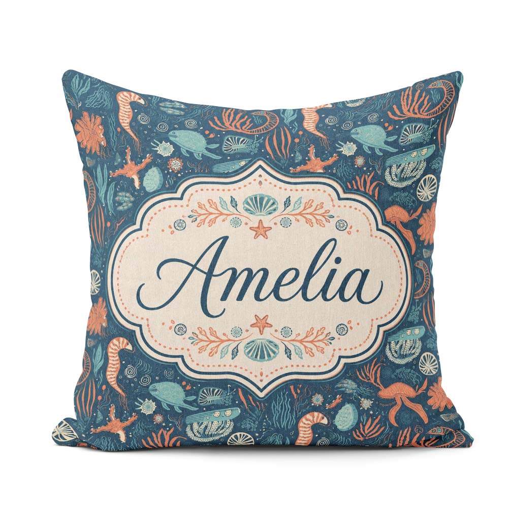 Custom Name Detailed Marine Coral Sea Creatures Seamless Pattern Square Filled Cushion Throw Pillow Sofa Bed Home Decor Zip Washable UK Made