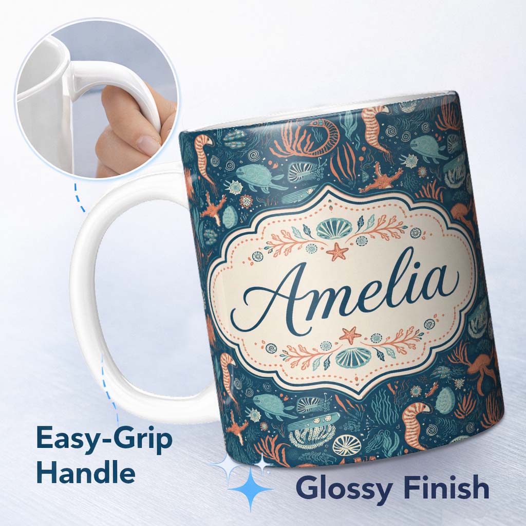 Personalized Custom Name Detailed Marine Life Coral Sea Creatures Seamless Pattern Custom 11oz Ceramic Coffee Tea Mug White Large Handle