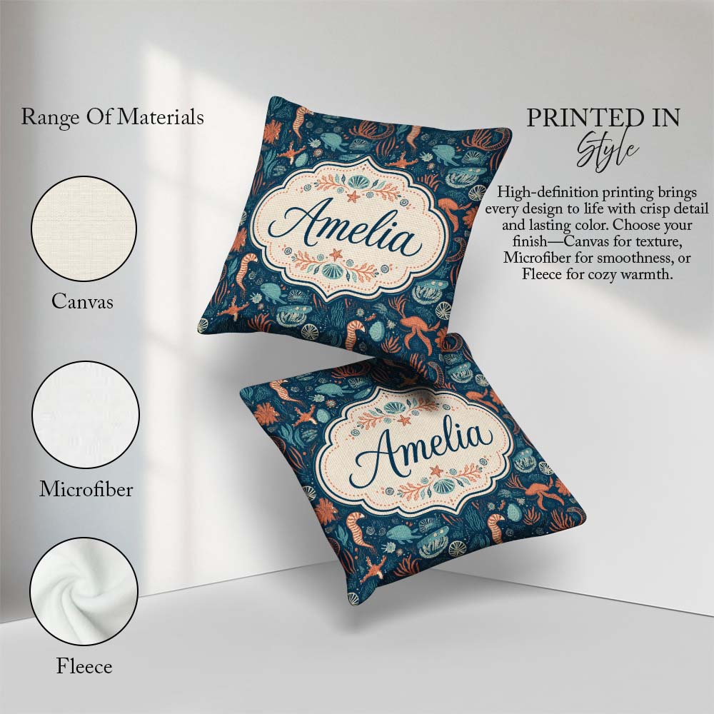 Custom Name Detailed Marine Coral Sea Creatures Seamless Pattern Square Filled Cushion Throw Pillow Sofa Bed Home Decor Zip Washable UK Made