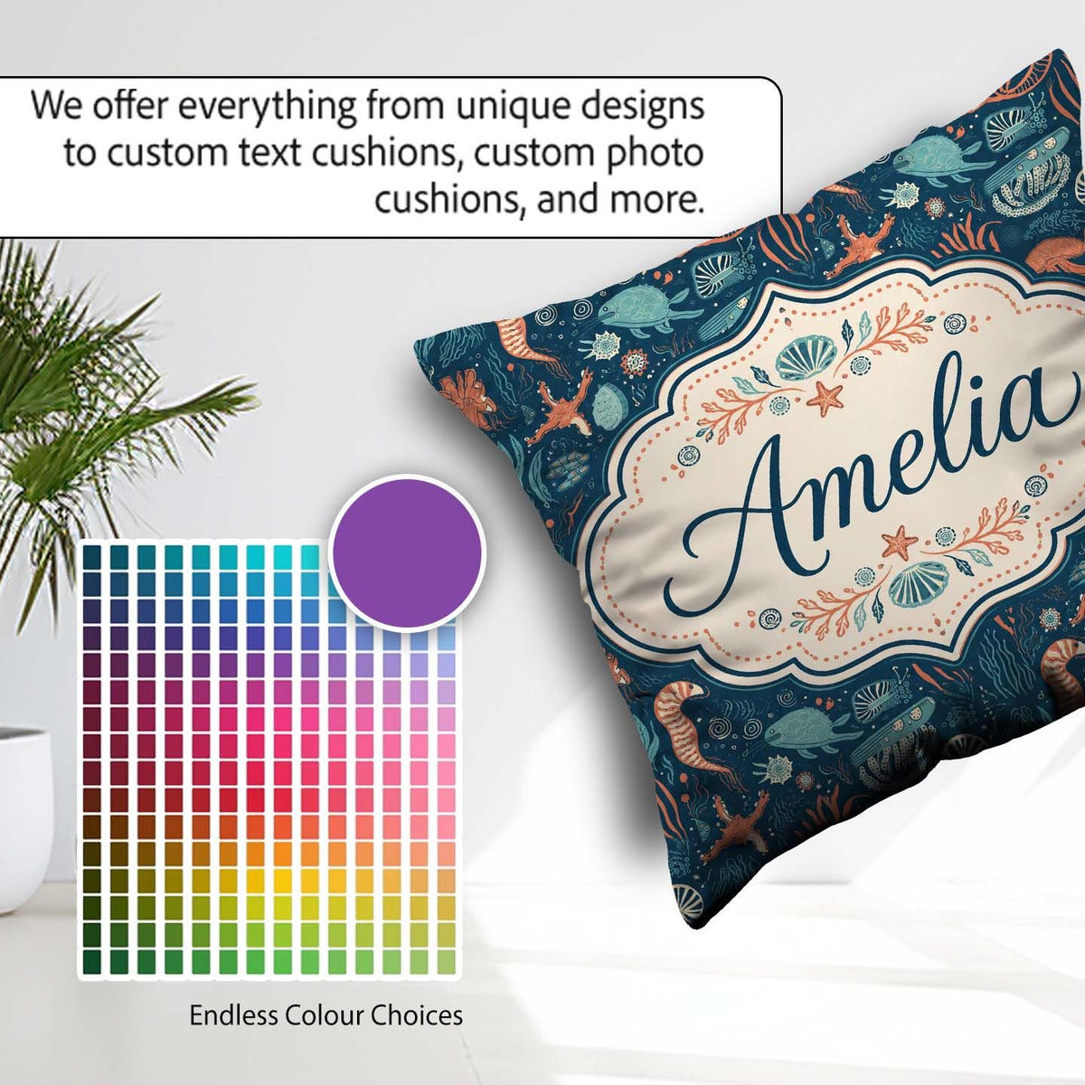 Custom Name Detailed Marine Coral Sea Creatures Seamless Pattern Square Filled Cushion Throw Pillow Sofa Bed Home Decor Zip Washable UK Made