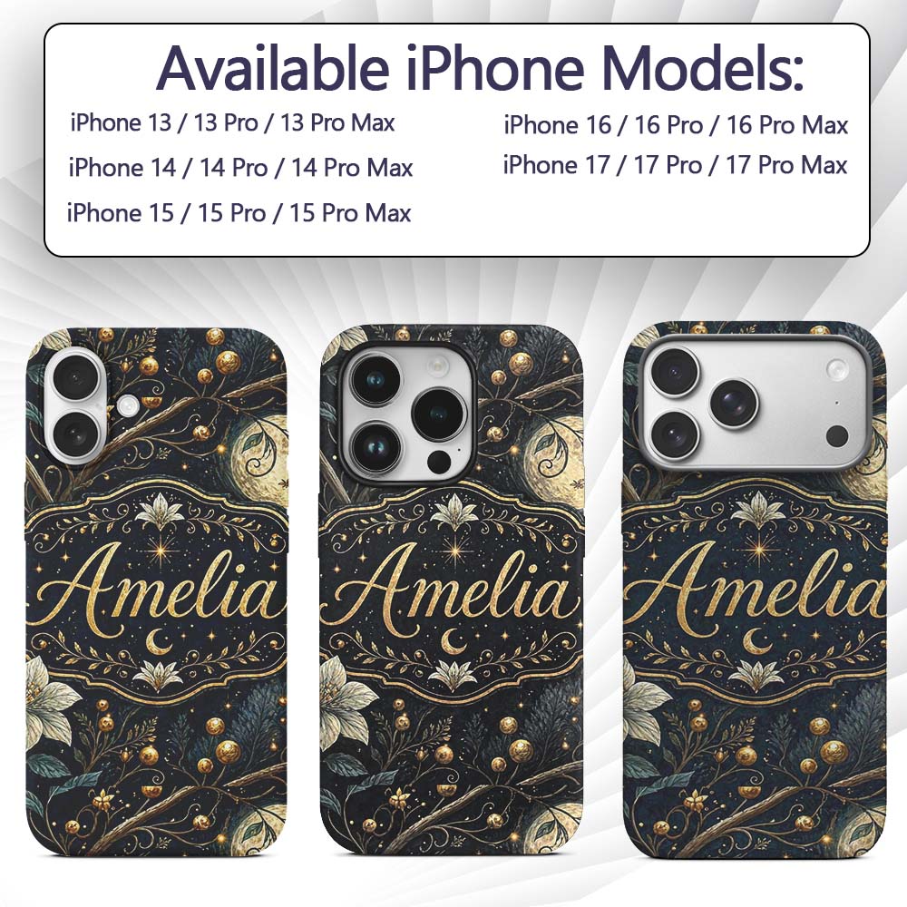 Magical Floral Moon Golden Berries Night Seamless Custom Name Protective Phone Case Mobile Cover Durable Everyday Smartphone Shock Resistant
