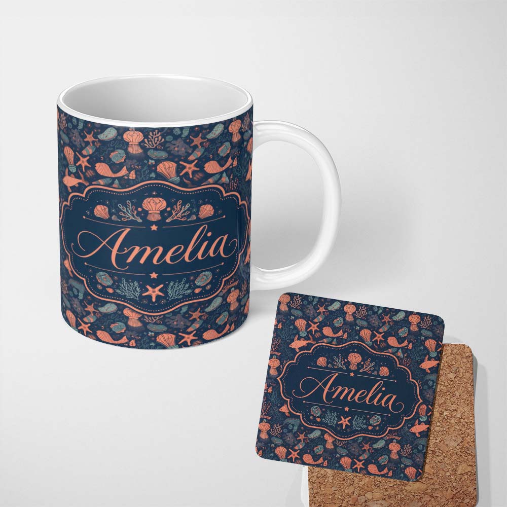 Personalized Custom Name Playful Underwater Ocean Animals Seamless Pattern Name Cute Unique 11oz Ceramic Coffee Tea Mug White Large Handle