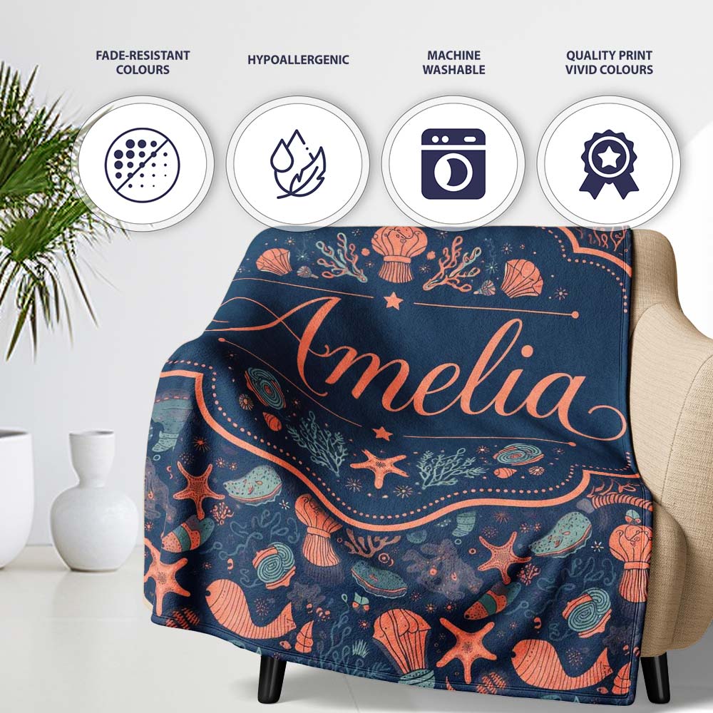 Playful Underwater Ocean Animals Seamless Pattern Name Cute Unique Personalised Custom Name Super Soft Fleece Blanket Bed Sofa Throw
