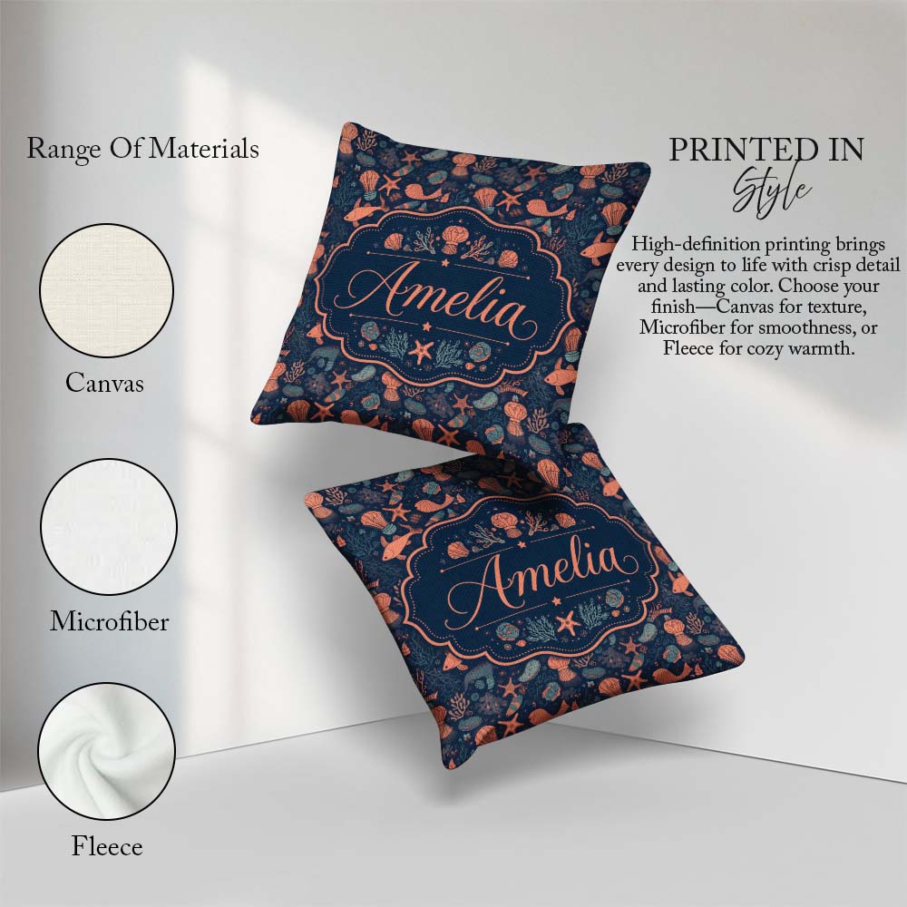 Custom Name Playful Underwater Ocean Animals Seamless Name Cute Square Filled Cushion Throw Pillow Sofa Bed Home Decor Zip Washable UK Made
