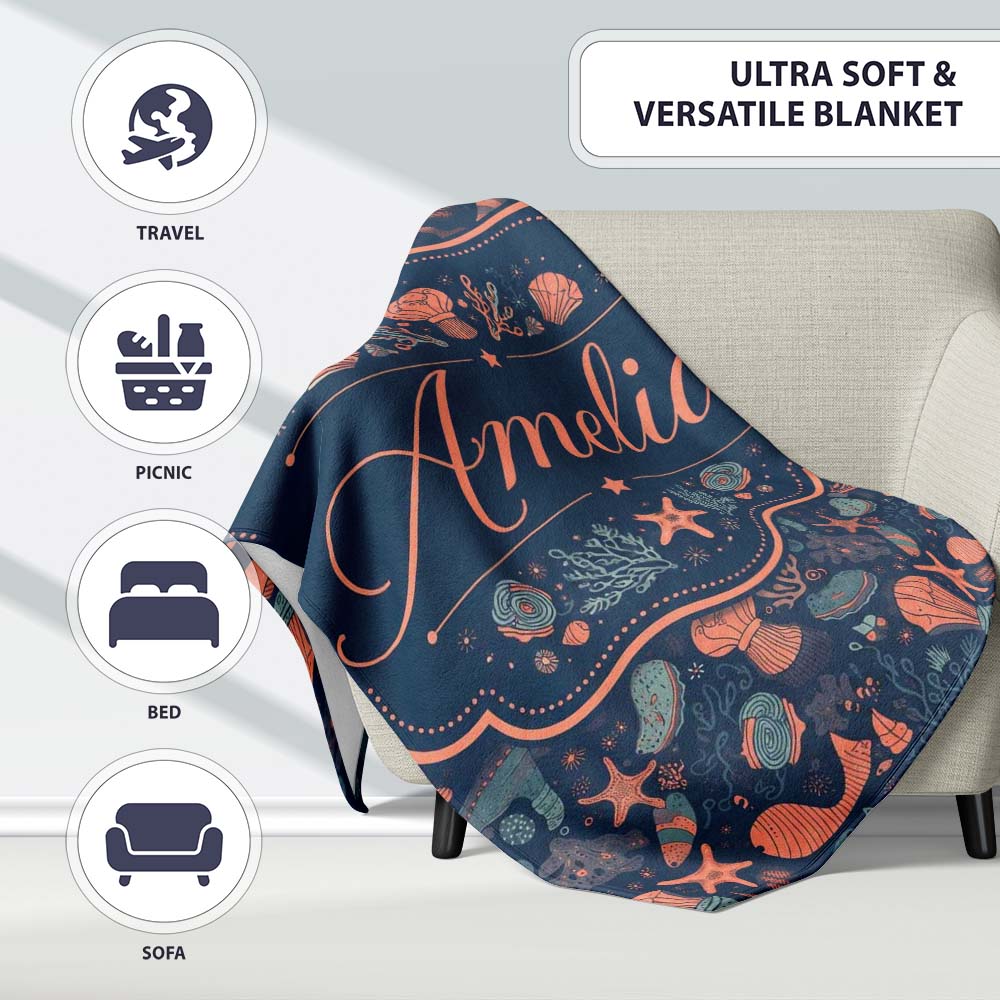Playful Underwater Ocean Animals Seamless Pattern Name Cute Unique Personalised Custom Name Super Soft Fleece Blanket Bed Sofa Throw