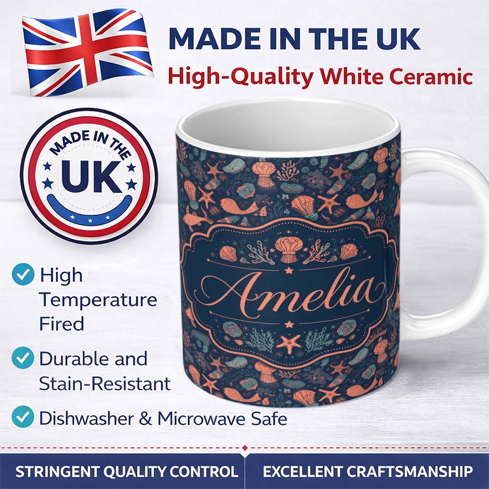 Personalized Custom Name Playful Underwater Ocean Animals Seamless Pattern Name Cute Unique 11oz Ceramic Coffee Tea Mug White Large Handle