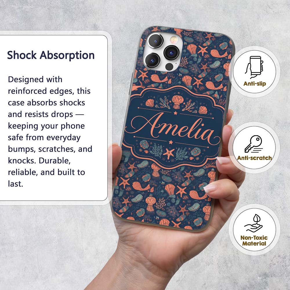Playful Underwater Ocean Animals Seamless Pattern Custom Name Protective Phone Case Mobile Cover Durable Everyday Smartphone Shock Resistant
