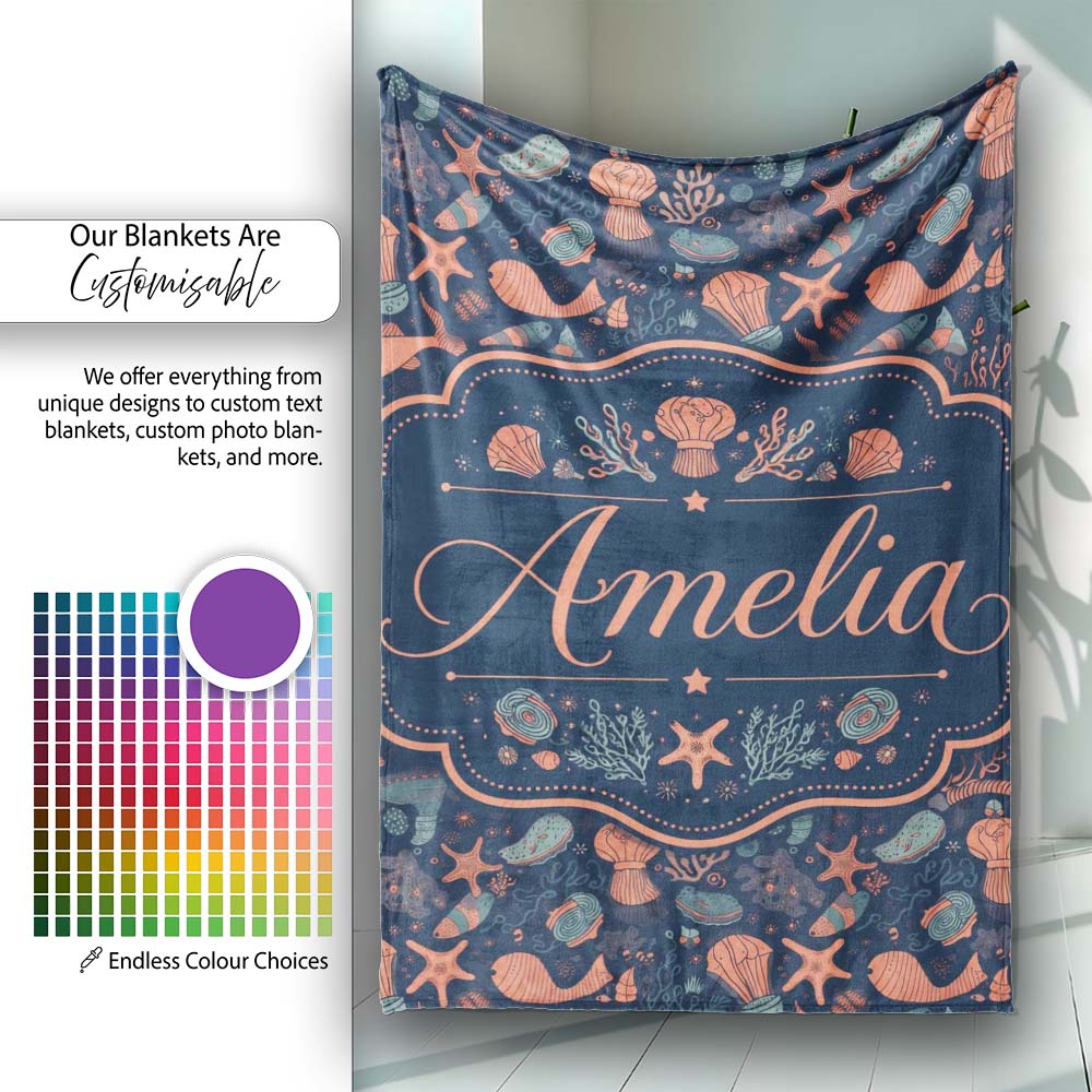 Playful Underwater Ocean Animals Seamless Pattern Name Cute Unique Personalised Custom Name Super Soft Fleece Blanket Bed Sofa Throw