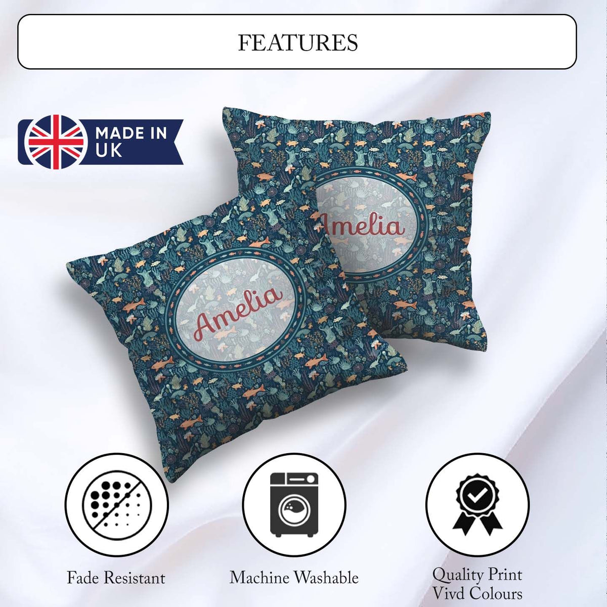 Custom Name Deep Sea Coral Fish Ocean Seamless Pattern Name Cute Square Filled Cushion Throw Pillow Sofa Bed Home Decor Zip Washable UK Made
