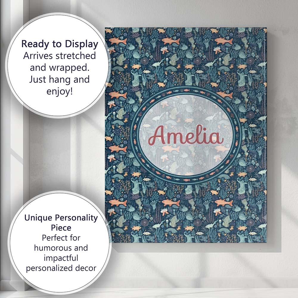 Personalised Name Deep Sea Coral Fish Custom Modern Room Accent Creative Decorator Style Canvas Wall Art Print Decor Picture Ready to Hang