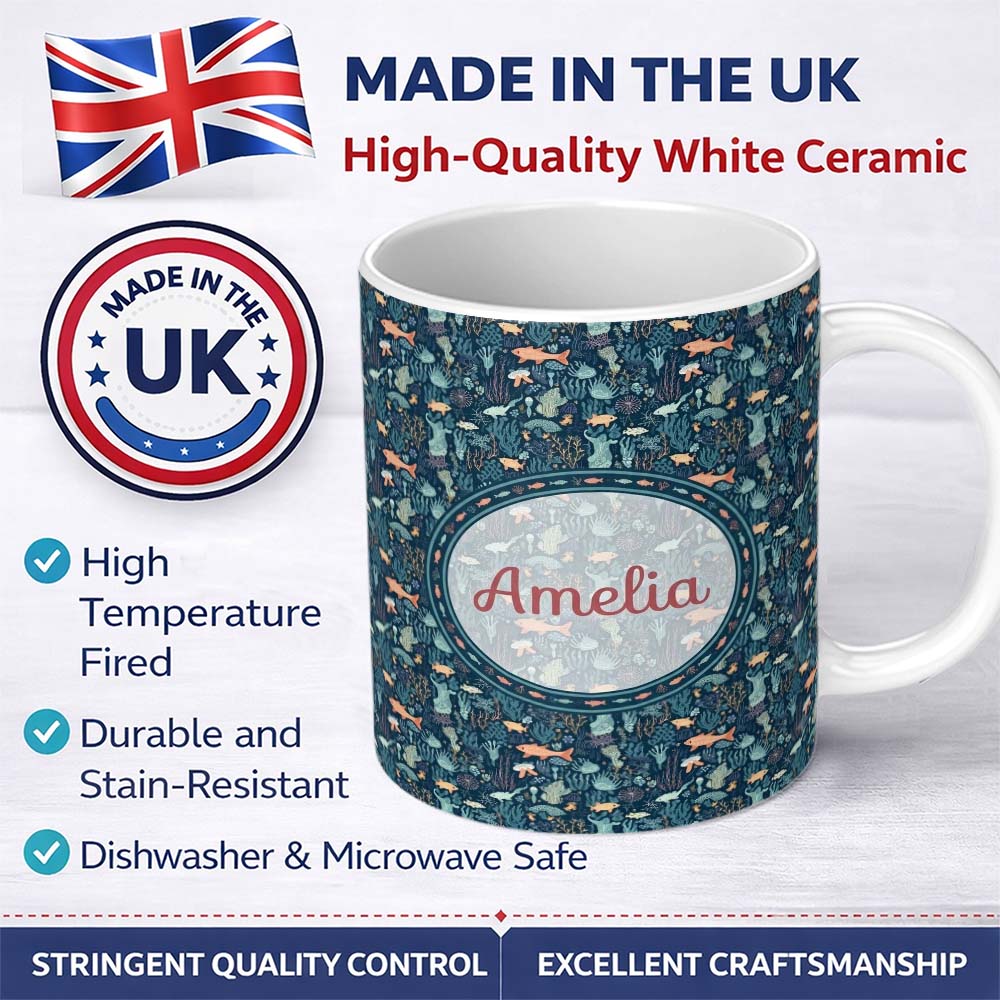 Personalized Custom Name Deep Sea Coral Fish Botanical Ocean Seamless Pattern Name Cute 11oz Ceramic Coffee Tea Mug White Large Handle