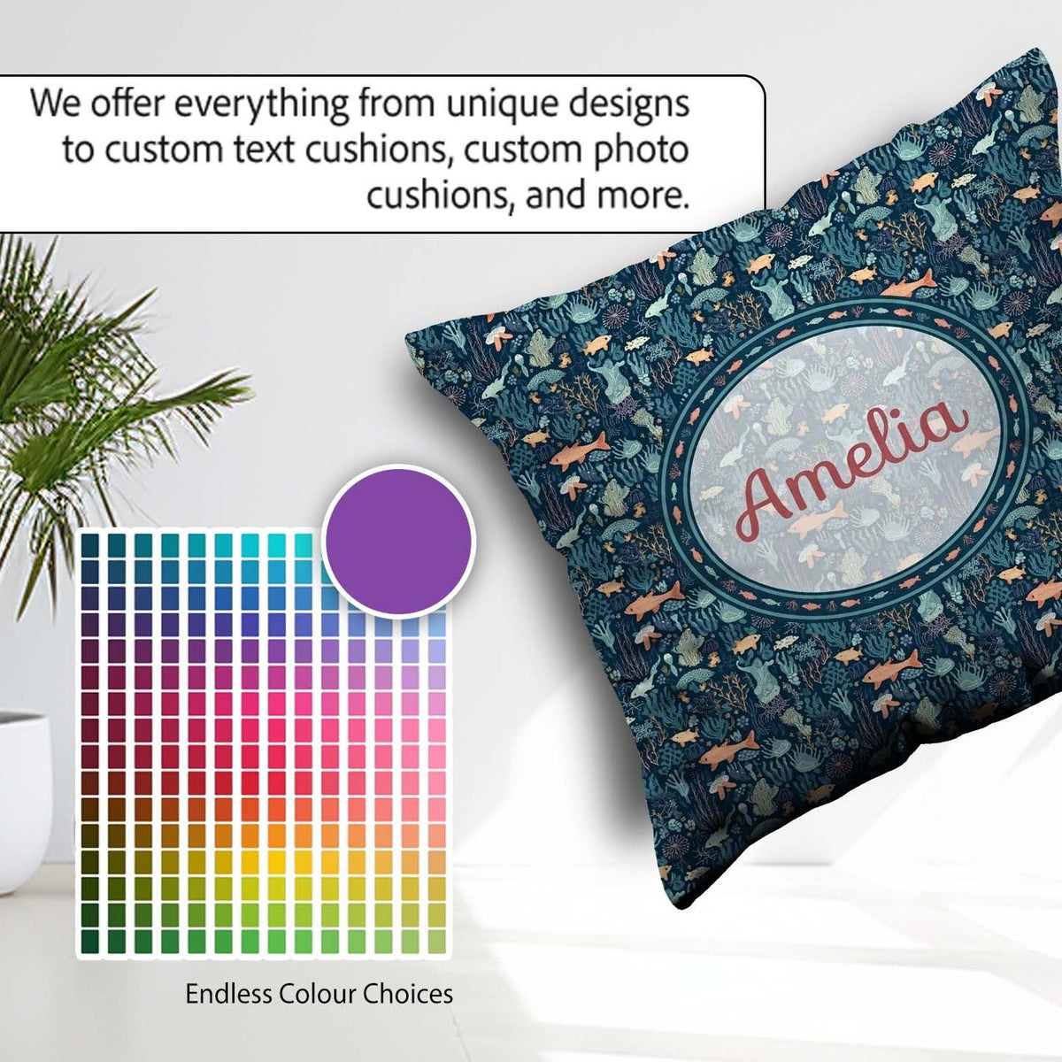 Custom Name Deep Sea Coral Fish Ocean Seamless Pattern Name Cute Square Filled Cushion Throw Pillow Sofa Bed Home Decor Zip Washable UK Made