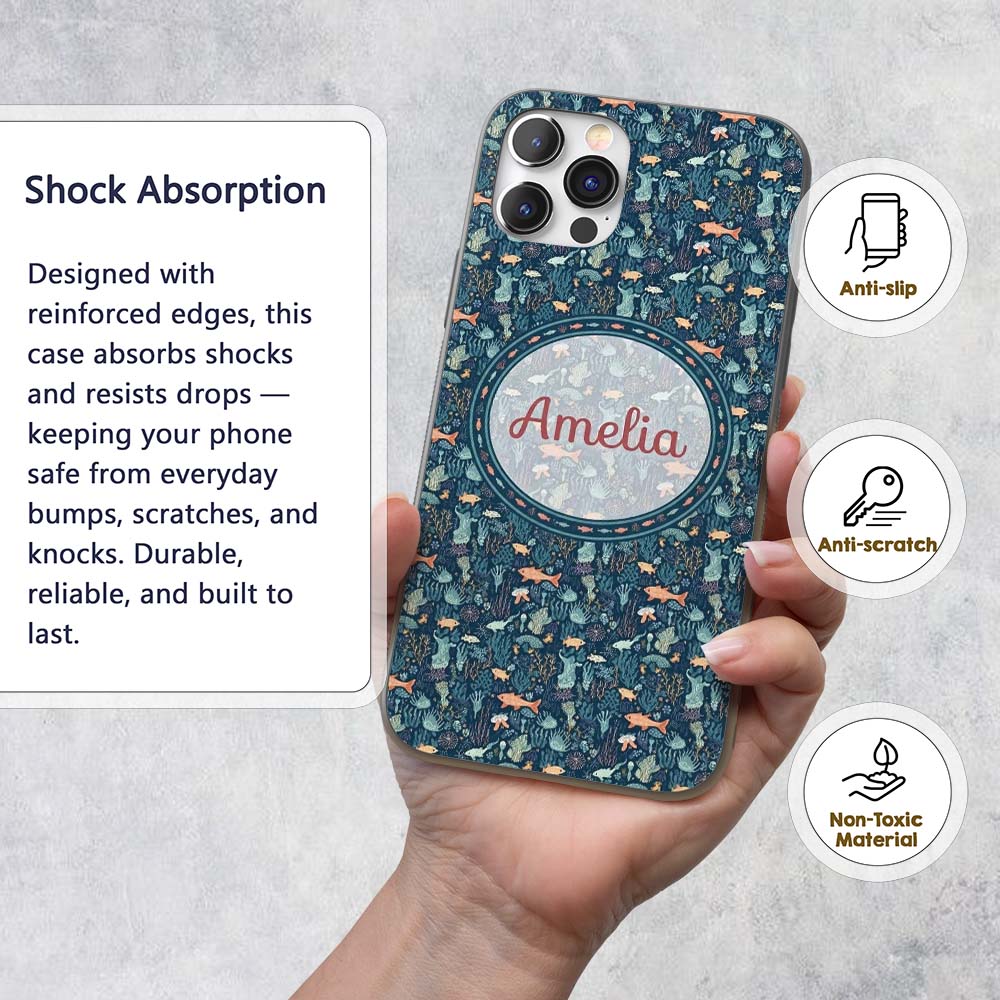 Deep Sea Coral Fish Botanical Ocean Seamless Custom Name Protective Phone Case Mobile Cover Durable Everyday Smartphone Shock Resistant