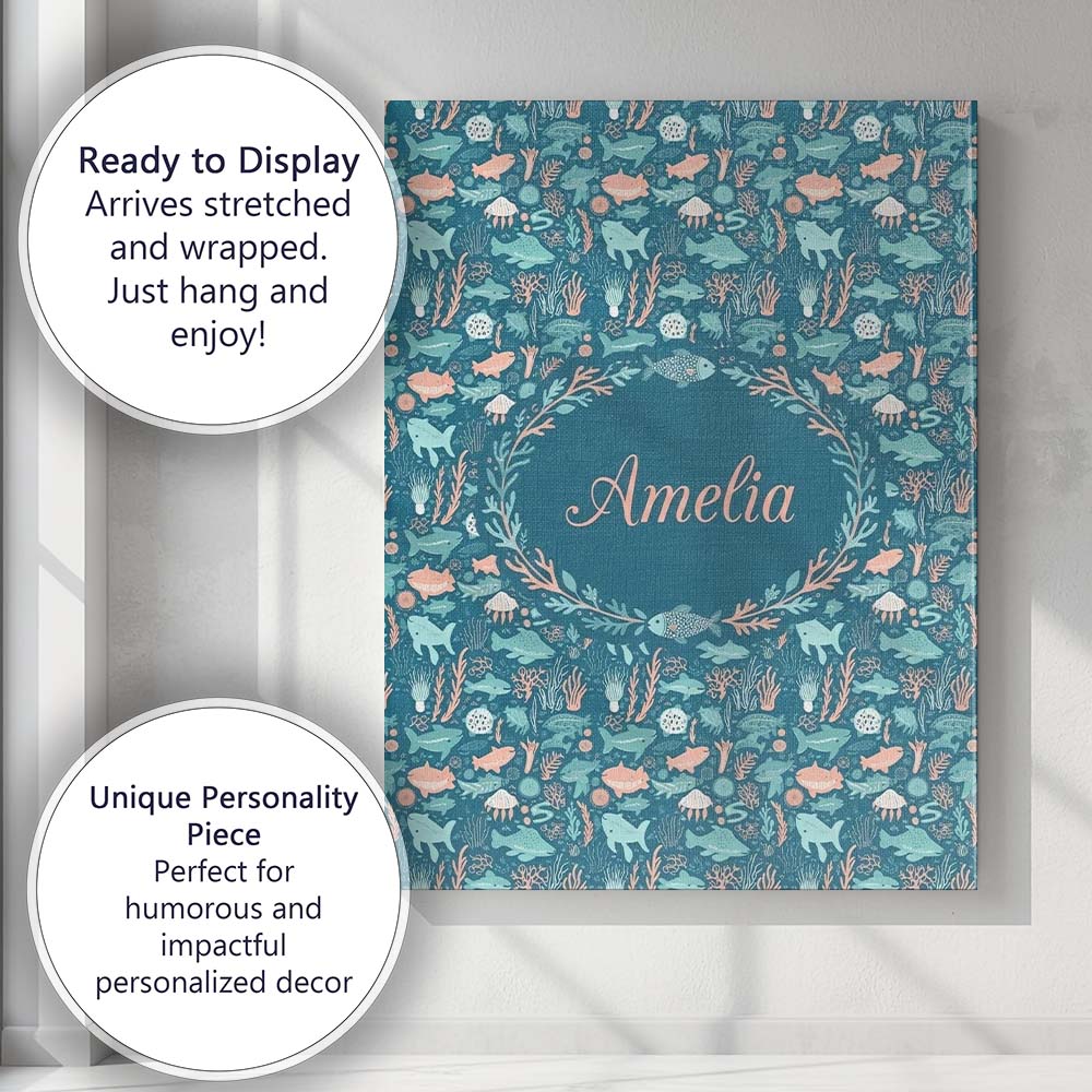 Personalised Name Cute Ocean Sea Life Fish Custom Unique Gift Idea Elegant Feature Canvas Wall Art Print Decor Picture Ready to Hang