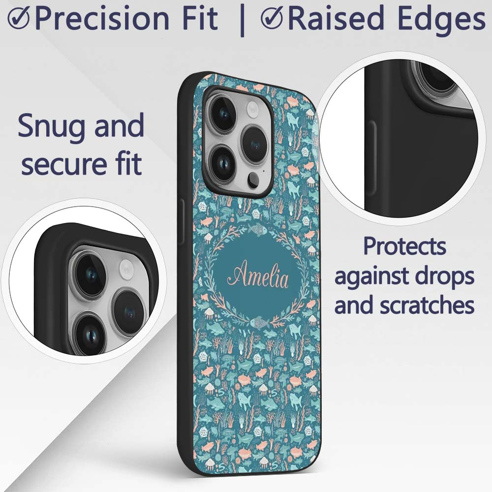 Cute Ocean Sea Life Fish Coral Reef Seamless Custom Name Protective Phone Case Mobile Cover Durable Everyday Smartphone Shock Resistant