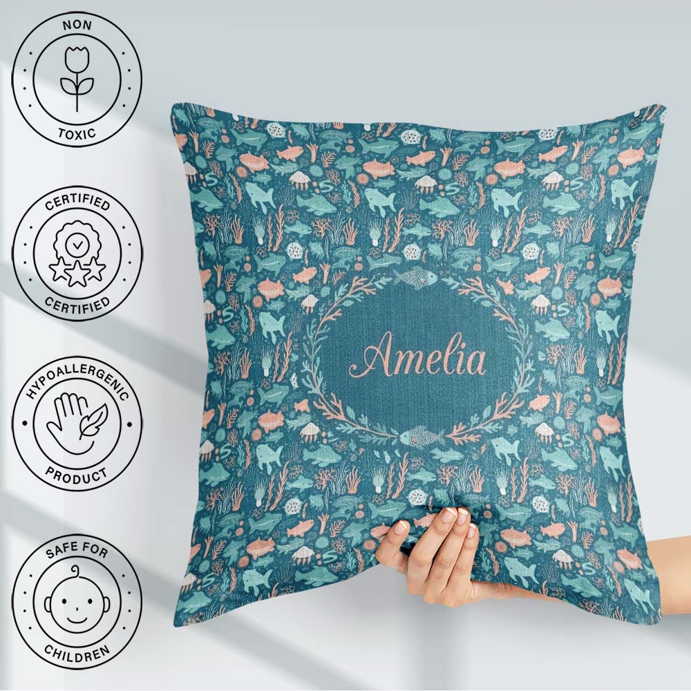 Custom Name Ocean Sea Life Fish Coral Reef Seamless Pattern Name Square Filled Cushion Throw Pillow Sofa Bed Home Decor Zip Washable UK Made