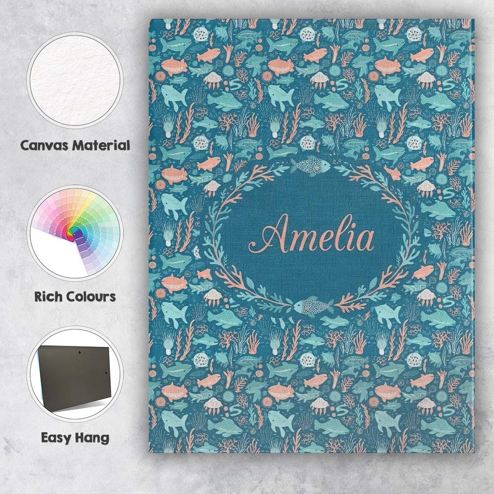 Personalised Name Cute Ocean Sea Life Fish Custom Unique Gift Idea Elegant Feature Canvas Wall Art Print Decor Picture Ready to Hang