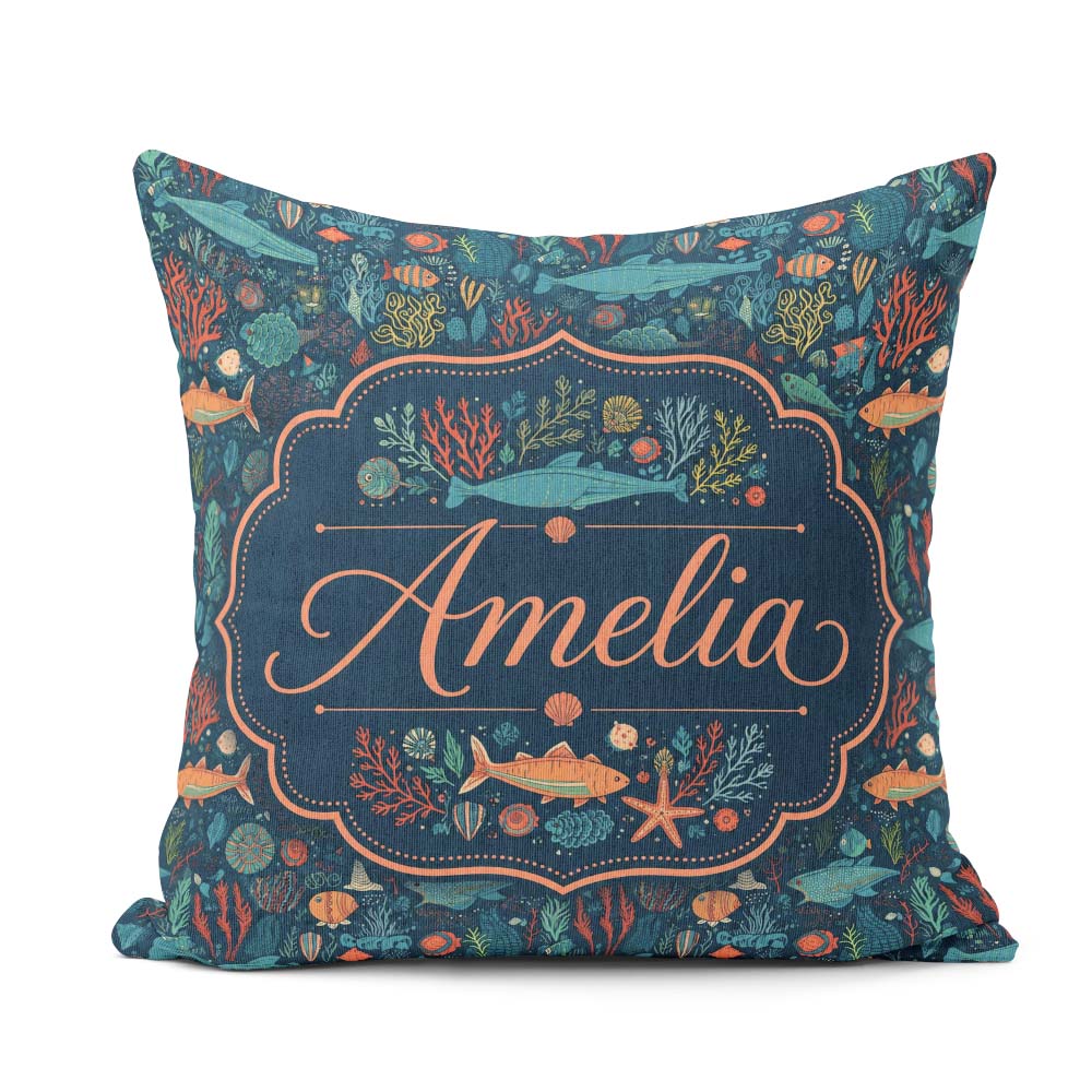 Custom Name Vibrant Deep Sea Marine Life Fish Coral Pattern Name Square Filled Cushion Throw Pillow Sofa Bed Home Decor Zip Washable UK Made